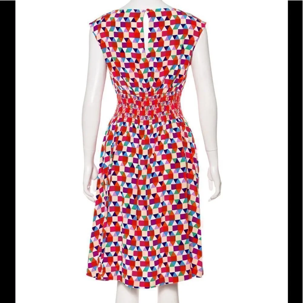 Kate Spade 100% Silk Abbey Sheath Geometric Dress Smocked Waist Size 2